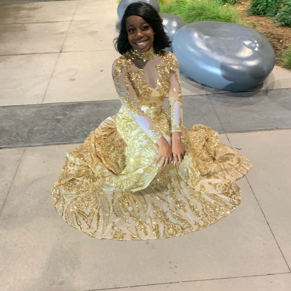 Gold prom dress only worn once , long sleeve, not Hemmed